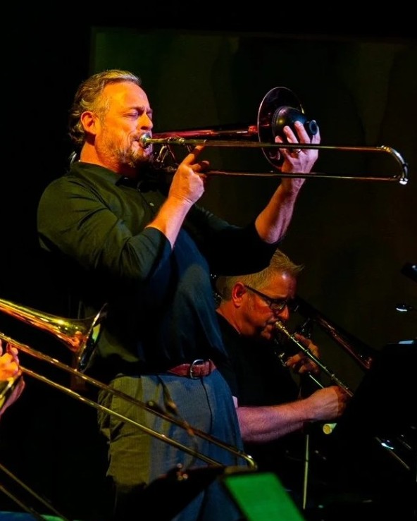 Michael J. Corcoran playing trombone with the NMC Jazz Ensemble